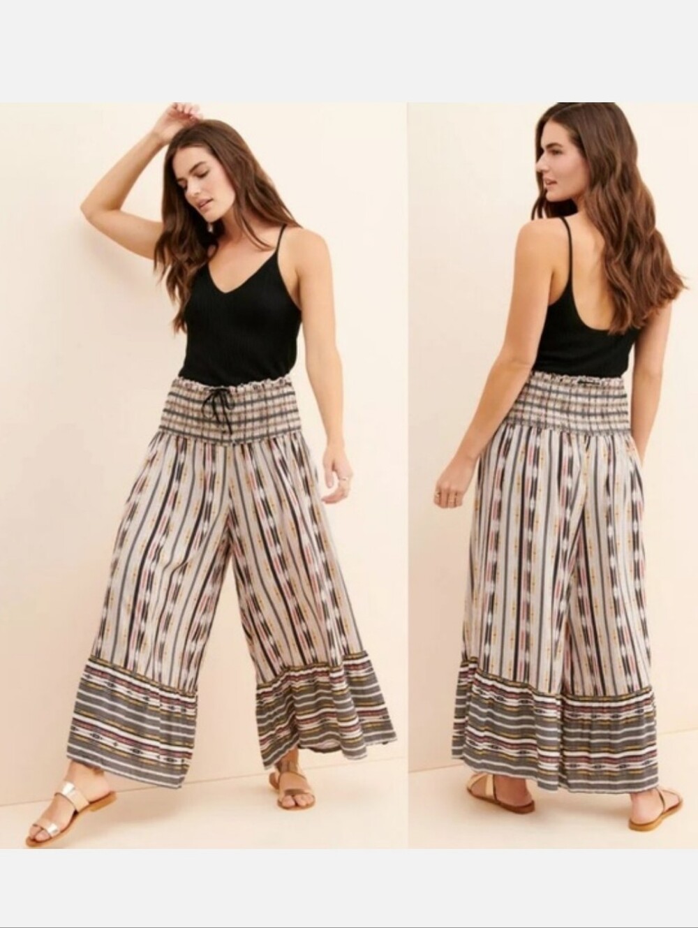 Maeve Black Multi Striped Wide-Leg Smocked Waist Pants